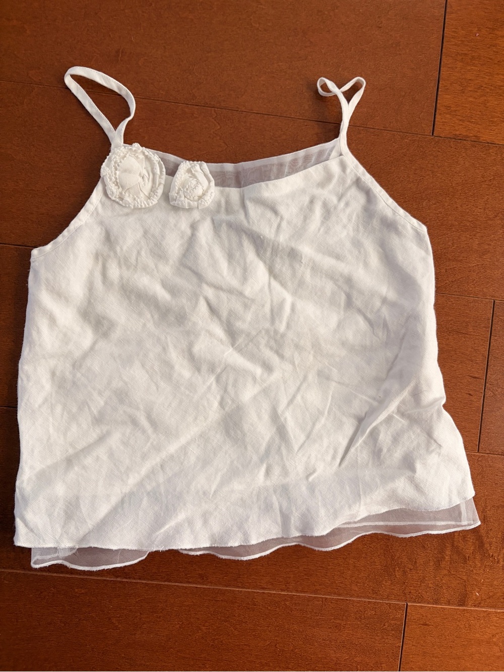 Derhy Kids White Layered Spaghetti Strap Tank Top with Rosette Detail